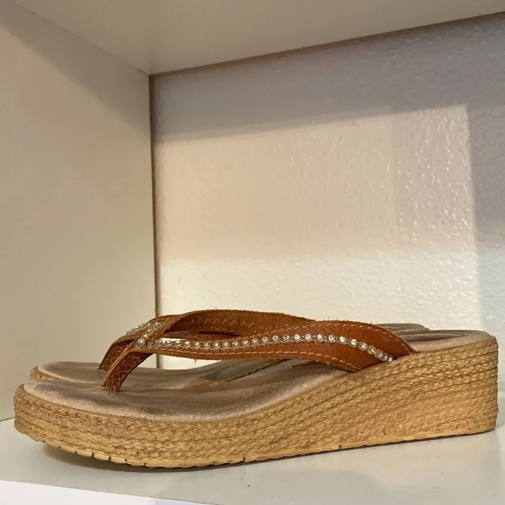 Sbicca Wedge Rhinestone Brown Thong Flip Flop Sandals